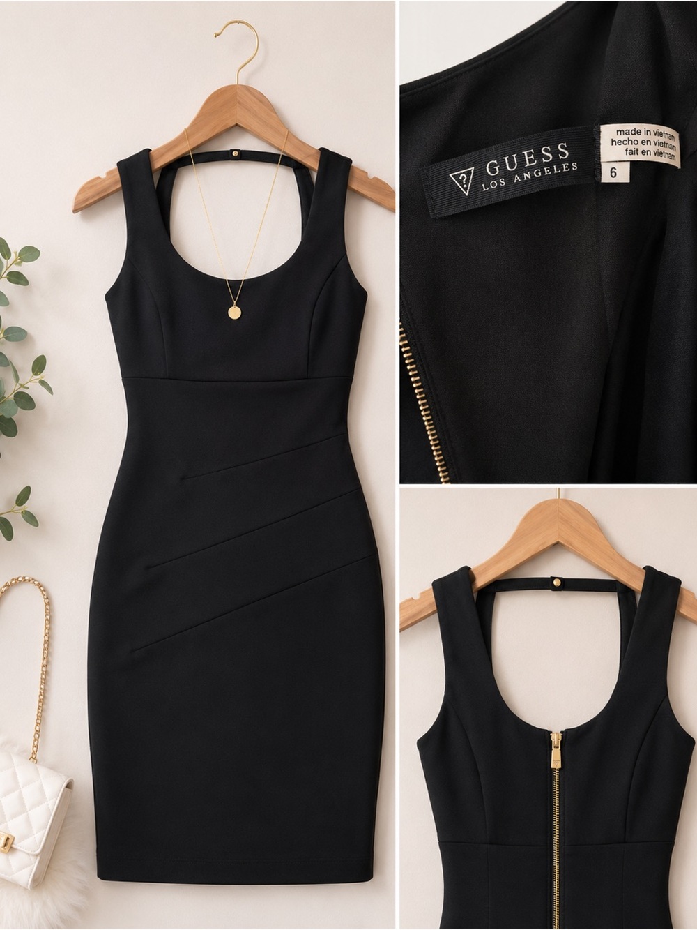 GUESS Black Sleeveless Midi Sheath Dress with Gold Back Zipper